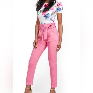 NWT NY&C Pink Linen-Blend Paperbag-Waist Slim Ankle Pant XS